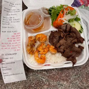 Com (rice plate) with BBQ beef ($14) and BBQ shrimp ($8 extra). Small portion.