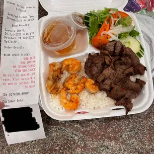 Com (rice plate) with BBQ beef ($14) with BBQ shrimp ($8 extra). Small portion.