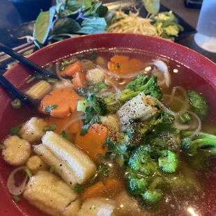 Chicken pho with veggies