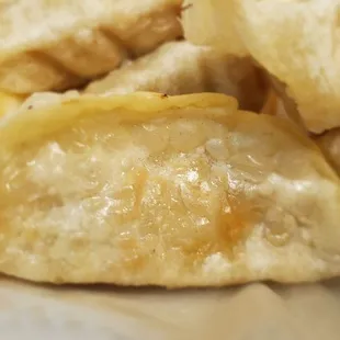 Fried chicken dumplings up close