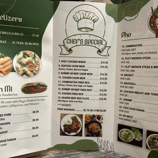Appetizers, banh mi, chefs special, and pho.