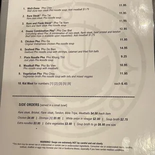 Pho Menu
