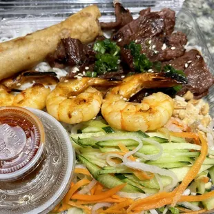 Vermicelli with BBQ pork, shrimp and spring rolls - really good!
