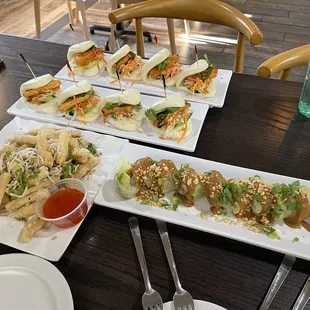 Vegan meal, Hot Damn Tofu Taco, no spice tofu taco for the kids, faux calamari with trumpet/oyster mushroom, vegan lover roll.