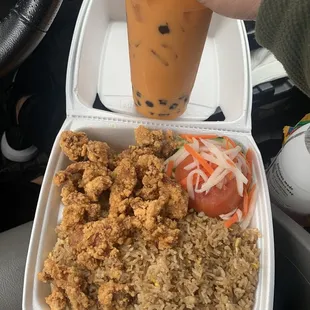 Spicy popcorn chicken with fried rice and a Thai tea boba