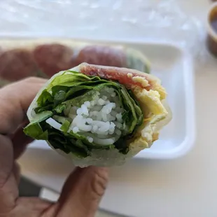 Sausage spring roll - that yellow stuff is egg!