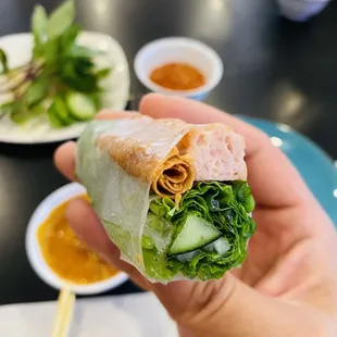 a hand holding a vietnamese spring roll