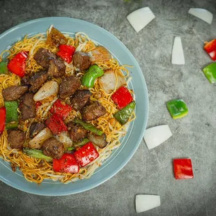 Shaken beef w/ egg noodles (mi xao Bo luc lac) all dressed up by Pho Ga Hai Van Anaheim
