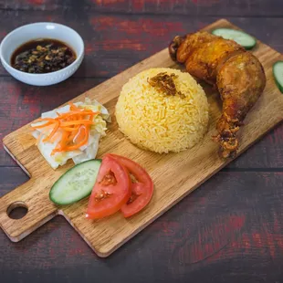 Fried chicken leg w/ rice (com ga chien) all dressed up by Pho Ga Hai Van Anaheim