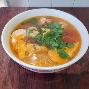 a bowl of soup on a table