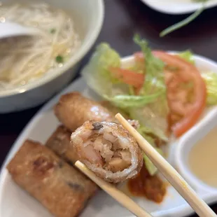 Eggrolls - inside!  Chunks of shrimp inside.  Delicious!