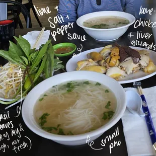 small chicken pho, chicken, lime + salt + pepper sauce, large chicken pho, toppings