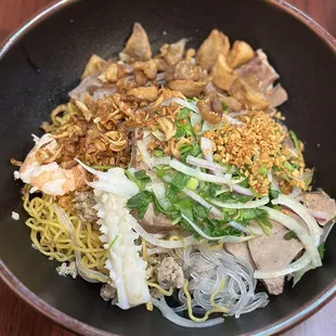 hu tieu nam vang (dry) with half egg + tapioca noodle; comes with a side of soup (not pictured)
