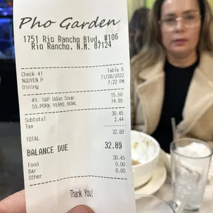 Pho Garden.  Our bill.