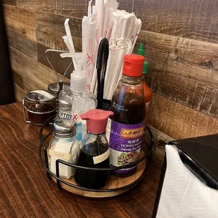 a variety of condiments on a tray