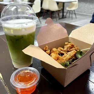 Thai Green Milktea w/ boba and Basil Popcorn Chicken