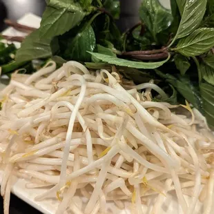 a plate of sprouts and a lime