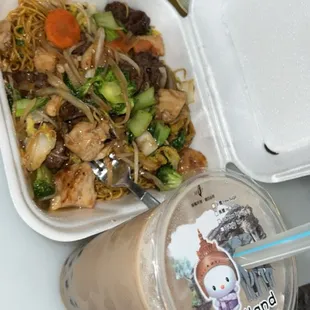 Combination Lo Mein Noodles and taro boba Milk Tea