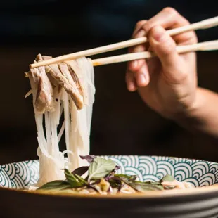 a person holding chopsticks over a bowl of noodles