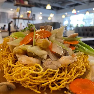 Crispy Noodles with Chicken, Shrimp and Veggies