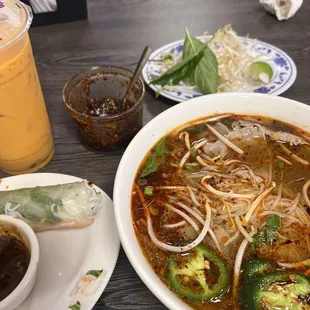 rate steak pho, spring roll shrimp, thai boba tea