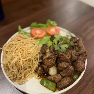 Shaken beef with garlic noodles