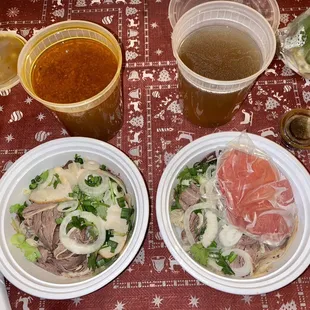 Takeout 20. Pho Dac Biet (has the raw steak on top) and 63. Bun Bo Hue