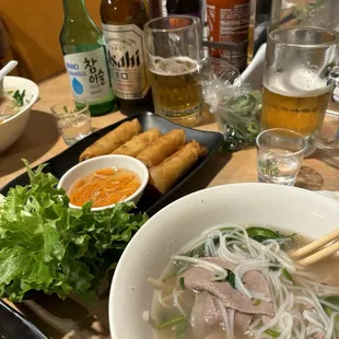 Rare steak  egg roll with beer and soju