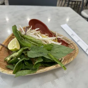 The herbs, lime, bean sprouts and jalapeños