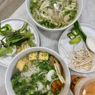 Veggie/tofu pho, chicken pho, thai milk tea