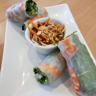 GOI CUON: spring rolls with shrimp, pork, vermicelli noodles, bean sprouts, mint herbs,  and peanut sauce