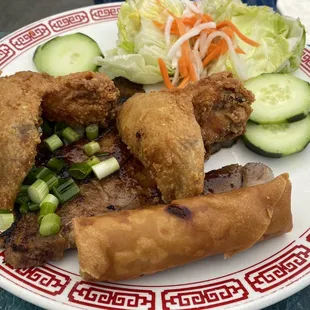 Pork chop with rice but rice replaced with veggies per our request