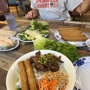 Rice Vermicelli With Bbq Pork, Spring Rolls, Egg Roll