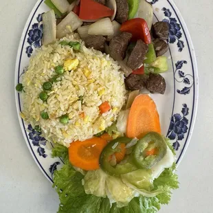 Bo Luc Lac with fried rice and side of fresh pickled veggies