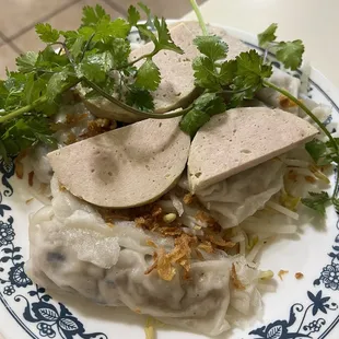 a plate of noodles and meat