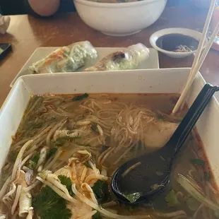 Chicken breast pho, spring rolls, and shrimp pho.