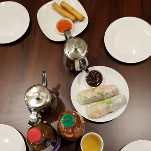 Appetizers of deep fried rolls (above) and shrimp rolls (lower).