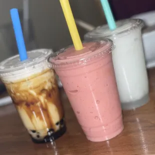 Fresh milk with brown sugar boba, strawberry banana smoothie, &amp; icy lychee lemonade