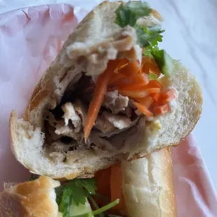 Cross section of my Lemongrass Grilled Chicken Banh Mi sandwich