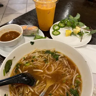 Shrimp pho, Thai tea, fresh spring roll