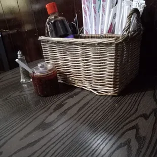 a wicker basket of condiments