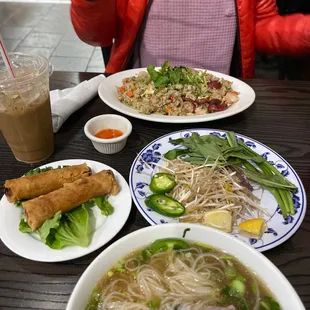 Pho tai, egg roles, combination fried rice, Vietnamese coffee