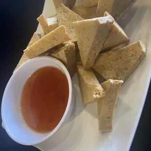 a plate of crisped tofu