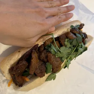 Banh mi, hand for size. Wish they left the jalapeños out.