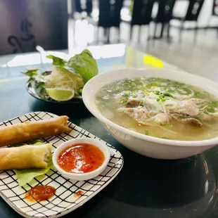 Fried egg rolls and large pho with steak, brisket, fatty flank.