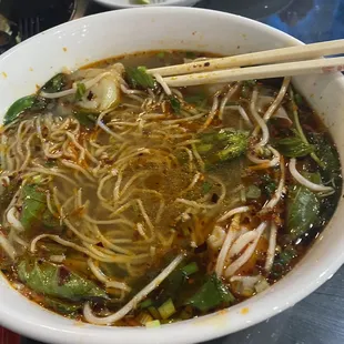 Egg noodles with wonton and added chili oil