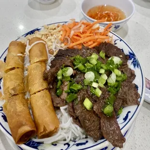 Noodles with Egg rolls and  Fillet Mignon