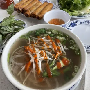 Rare steak pho and egg rolls