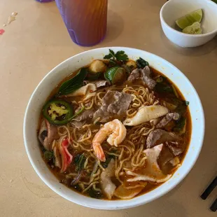 Seafood pho with steak added. Yum!