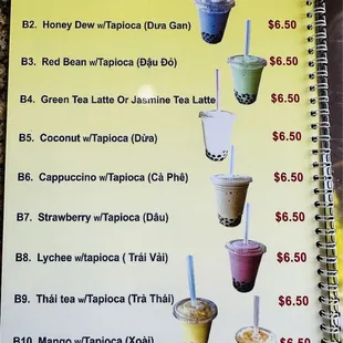 Bubble tea  menu